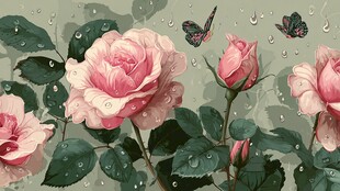 雨中粉玫瑰与蝴蝶美景