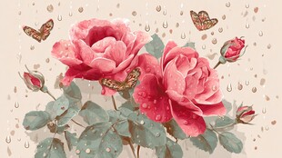 雨中娇艳玫瑰与翩跹蝴蝶