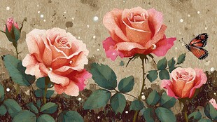 粉色玫瑰与蝴蝶唯美画面