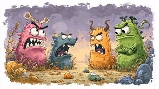 四个愤怒小怪兽对峙场景