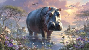 河马漫步于非洲梦幻湿地