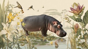 河马漫步于繁花似锦的湿地