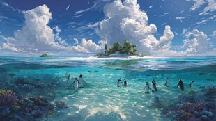 海岛浅滩处的企鹅悠然嬉戏