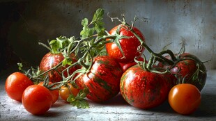 新鲜多彩番茄堆叠的静物照