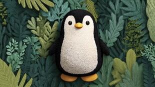 毛绒企鹅置身繁茂绿植间