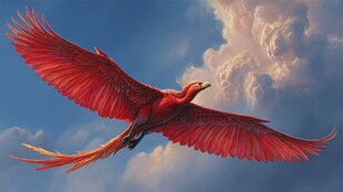 红色神鸟展翅翱翔天际