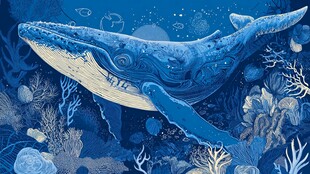 梦幻深海中的蓝鲸遨游