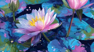 梦幻水彩睡莲池景