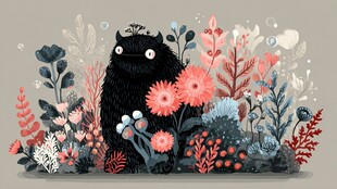 黑猫置身缤纷花草间