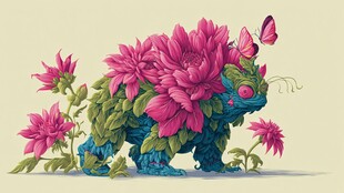 花植恐龙与蝶的奇幻图景