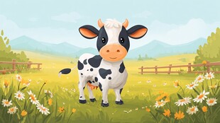 田野中的可爱卡通小牛