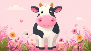 粉色花丛中的可爱小牛