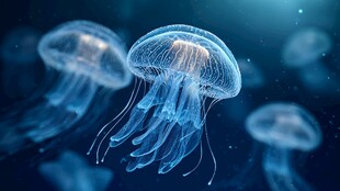 梦幻蓝水母在深海中游动