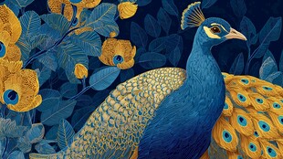 华丽蓝孔雀置身繁茂花叶间