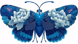 蓝色花卉蝴蝶精美插画