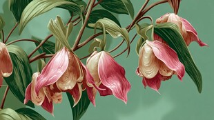 粉色铃状花与绿叶插画