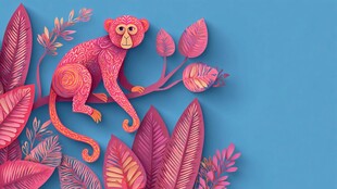 粉色小猴栖于多彩叶片间