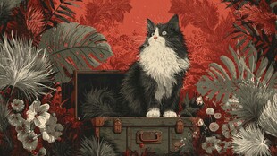 黑猫坐箱于繁茂植物间