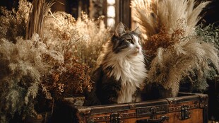 长毛猫置身复古箱与蒲苇间