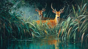 溪边双鹿的静谧自然图景