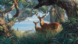 森林中相依的鹿母子