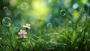 草地上的小花与梦幻泡泡
