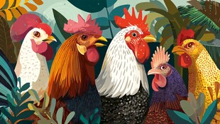 多彩鸡群置身繁茂植物中