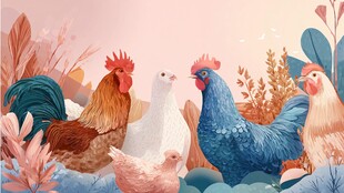 田园中多彩的鸡群画面