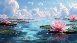 梦幻水莲漂浮于蓝天碧水间