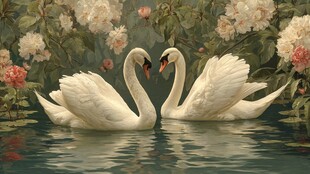 双天鹅于繁花湖水间相依