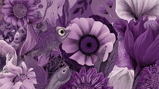 紫色花卉与灵动金鱼图案