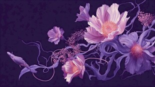 梦幻紫色花卉与灵动鱼影