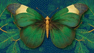 翠绿蝴蝶栖于蓝底枝叶间