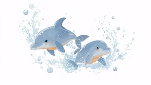 两只海豚跃出水面插画