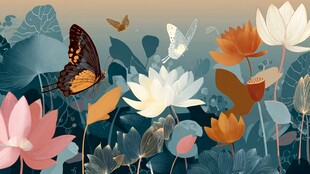 荷塘蝶影 清新自然插画