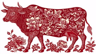 牛年剪纸风花卉装饰牛图