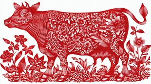 牛年剪纸风牛与花卉图案