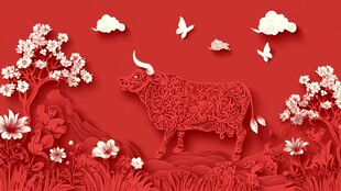 红底剪纸风牛年精美图景