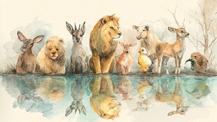 动物齐聚水边的和谐景象