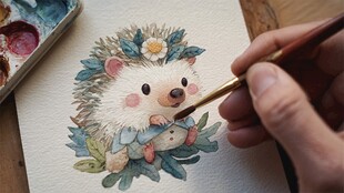手绘可爱小刺猬水彩画