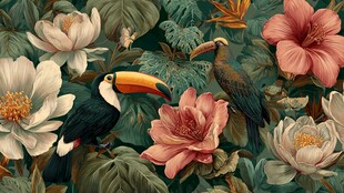 巨嘴鸟栖于繁花绿叶间