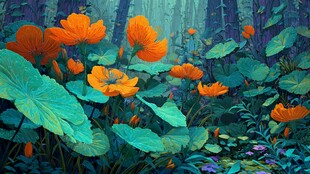 梦幻森林中的橙色花朵绽放