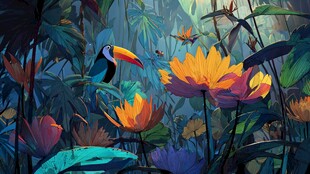 丛林巨嘴鸟与绚烂花卉