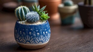 蓝盆中的可爱多肉组合