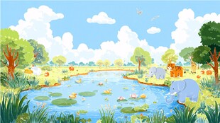 夏日河畔动物嬉戏风景图