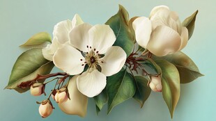 白色苹果花与绿叶特写