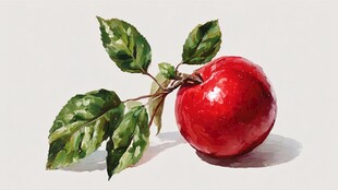 红苹果与绿叶的水彩画