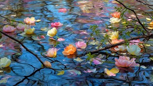 水面漂浮多彩娇艳花朵