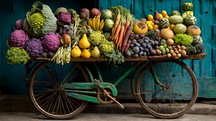 满载新鲜果蔬的复古自行车