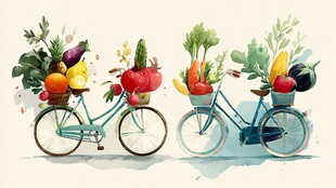 自行车载满新鲜蔬菜水果